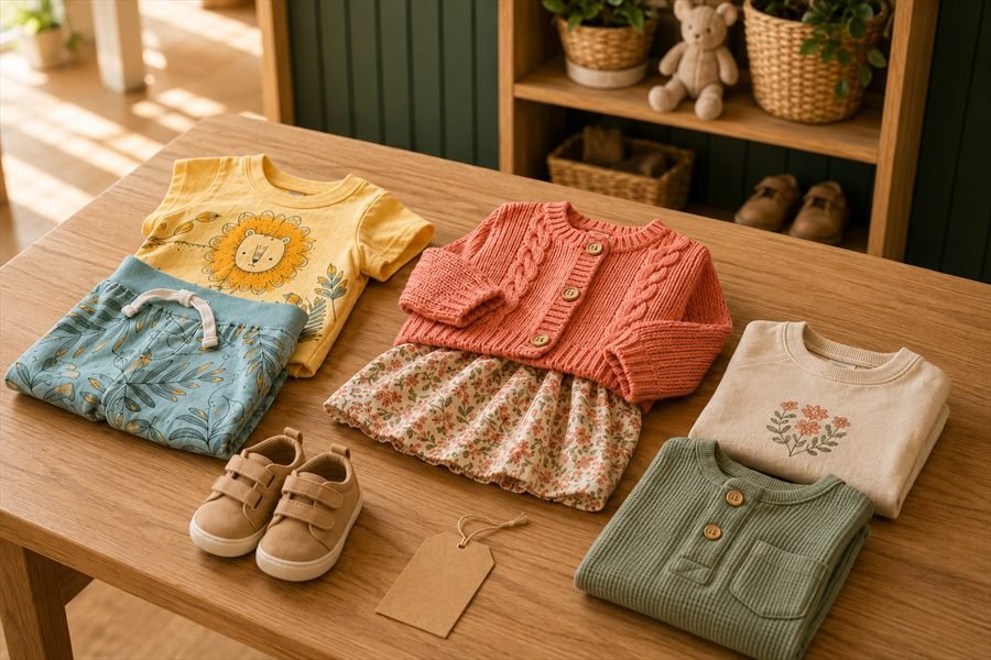 Ropa infantil doblada sobre una mesa de madera